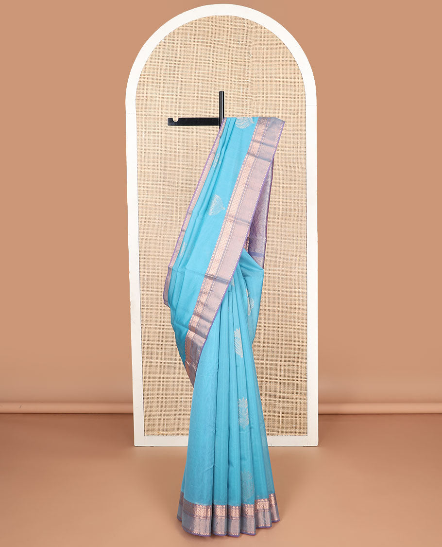 Light blue motifs silk cotton saree with contrast zari design border & floral design pallu