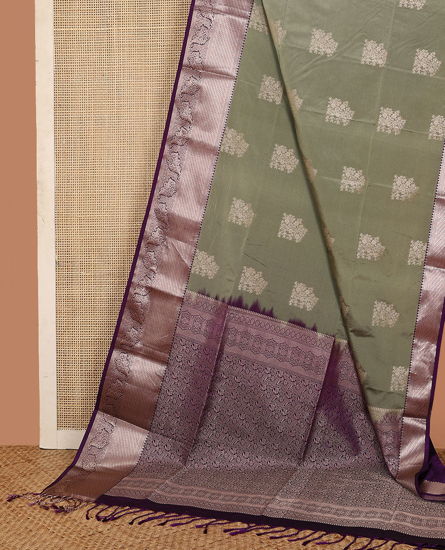 Grey floral buttas soft silk saree, contrast traditional zari design border, and floral design pallu