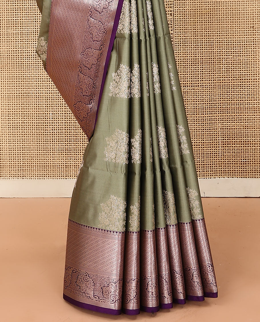 Grey floral buttas soft silk saree, contrast traditional zari design border, and floral design pallu