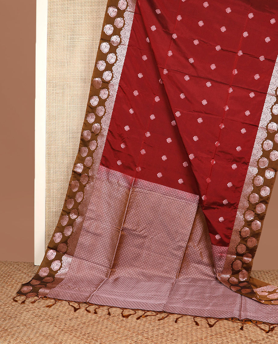 Maroon zari buttas silk saree, contrast zari border of peacock designs, and jaal pallu