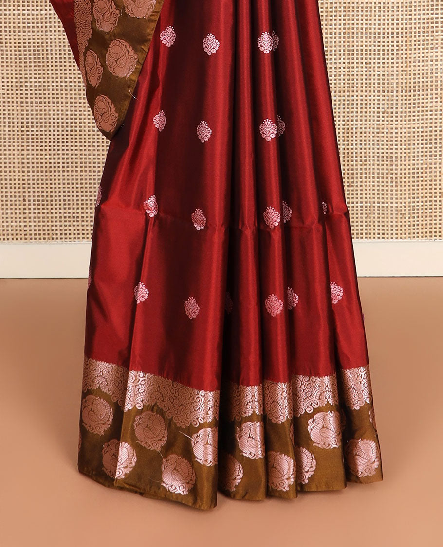 Maroon zari buttas silk saree, contrast zari border of peacock designs, and jaal pallu