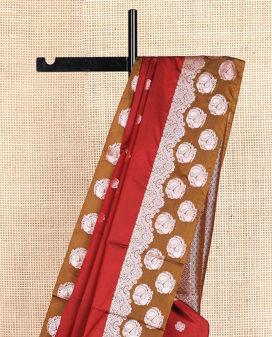 Maroon zari buttas silk saree, contrast zari border of peacock designs, and jaal pallu