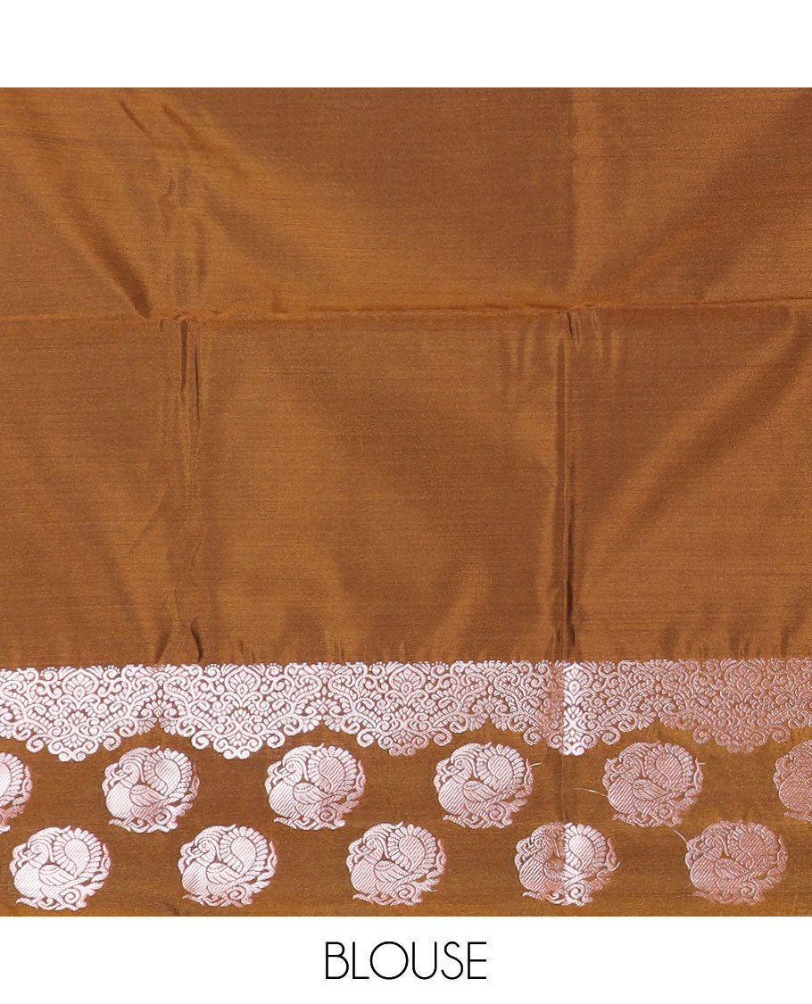 Maroon zari buttas silk saree, contrast zari border of peacock designs, and jaal pallu