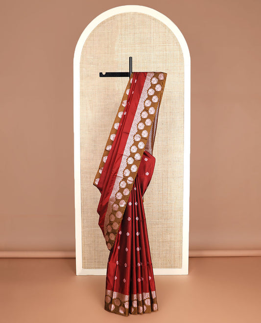 Maroon zari buttas silk saree, contrast zari border of peacock designs, and jaal pallu