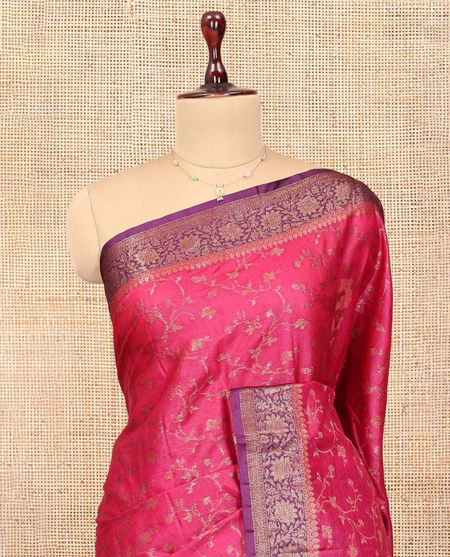 Pink Tussar Silk Saree, Bedecked with Floral Jaal Jacquard Design, a Contrast Zari Floral Creeper Border, Grand Pallu, and a Contrast Blouse
