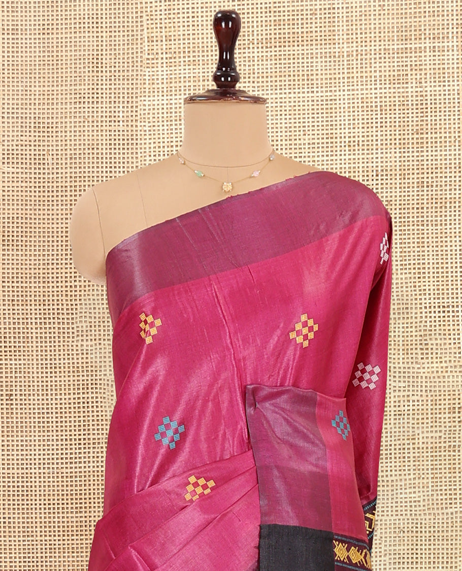 Pink Tussar Saree Featuring Pasapalli Buttas, a Contrast Plain Border, Intricately Woven Pallu, and a Contrast Blouse