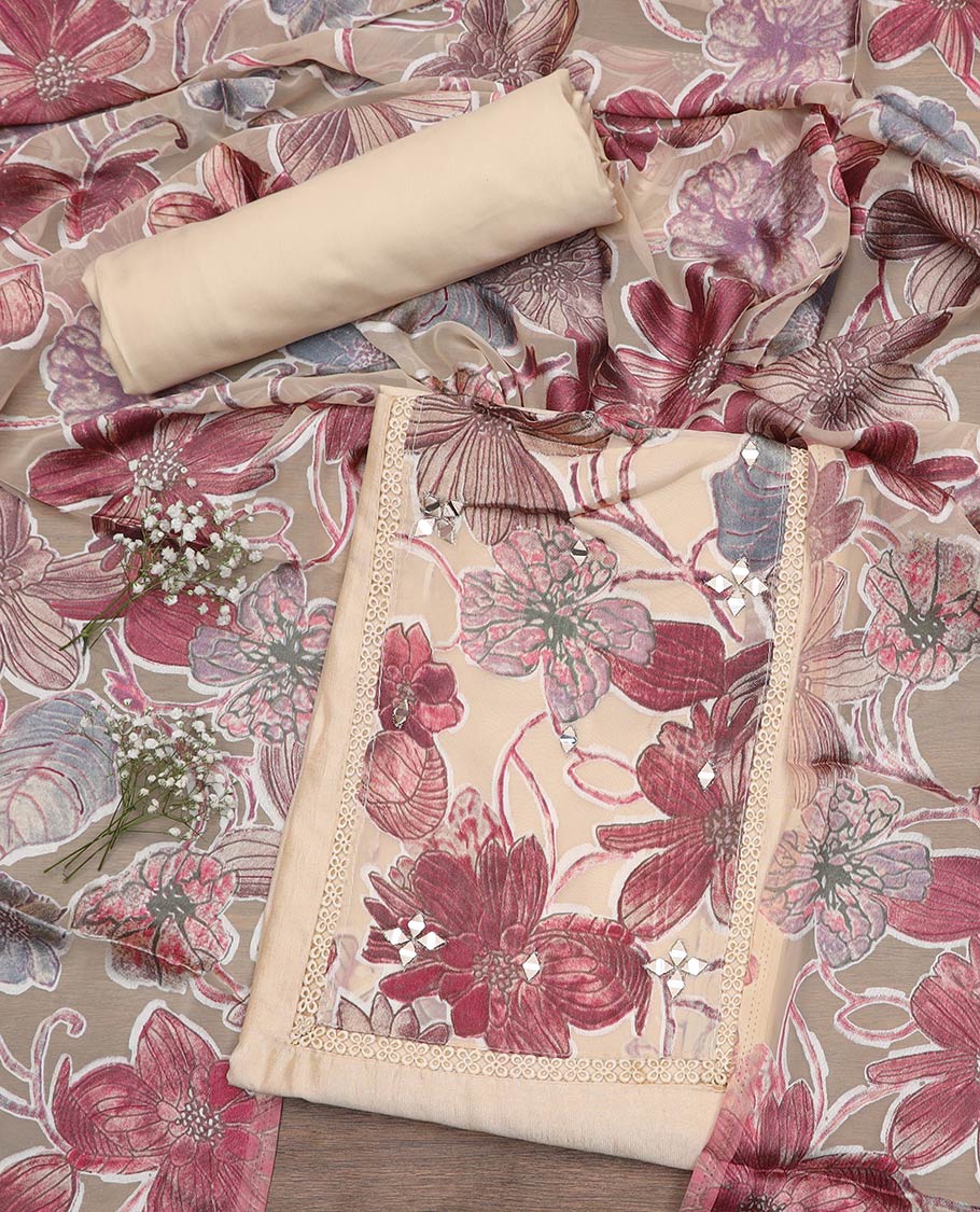 Cream material chudidar set, floral patch embroidered with mirror work top, plain bottom and floral printed dupatta