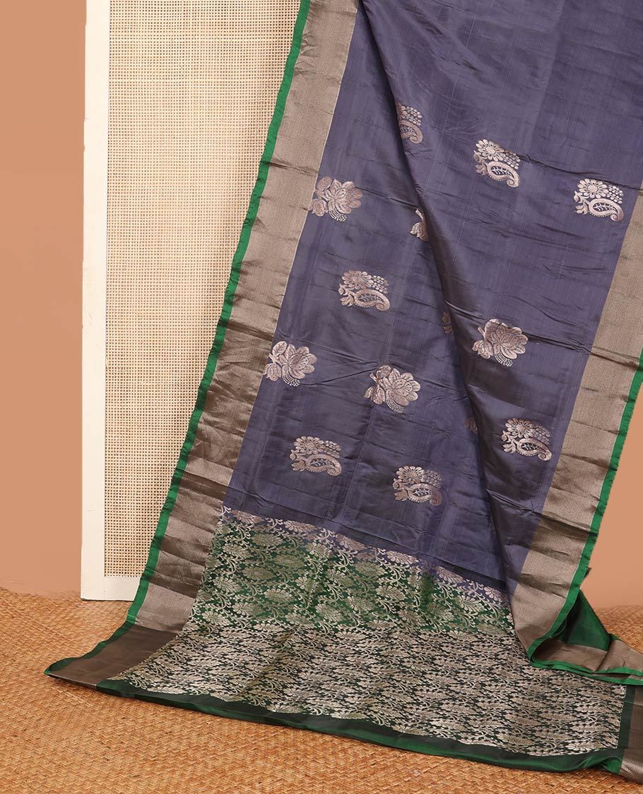 Grey floral buttas Uppada saree, contrast bavanji border, and intricate pallu