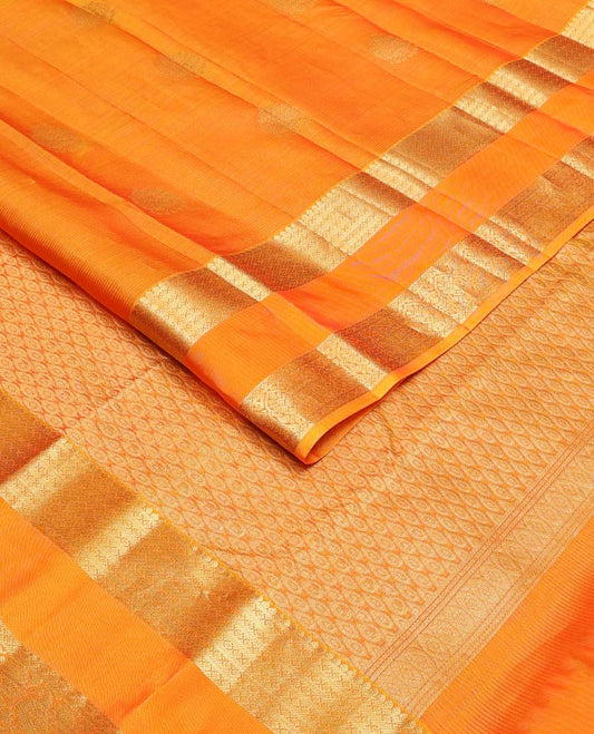 Fanta orange zari buttas Vasundhara silk mix saree, traditional design rettai pettu zari border & leaf motifs steeped pallu