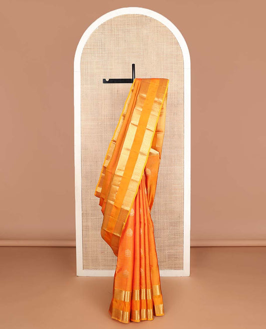 Fanta orange zari buttas Vasundhara silk mix saree, traditional design rettai pettu zari border & leaf motifs steeped pallu