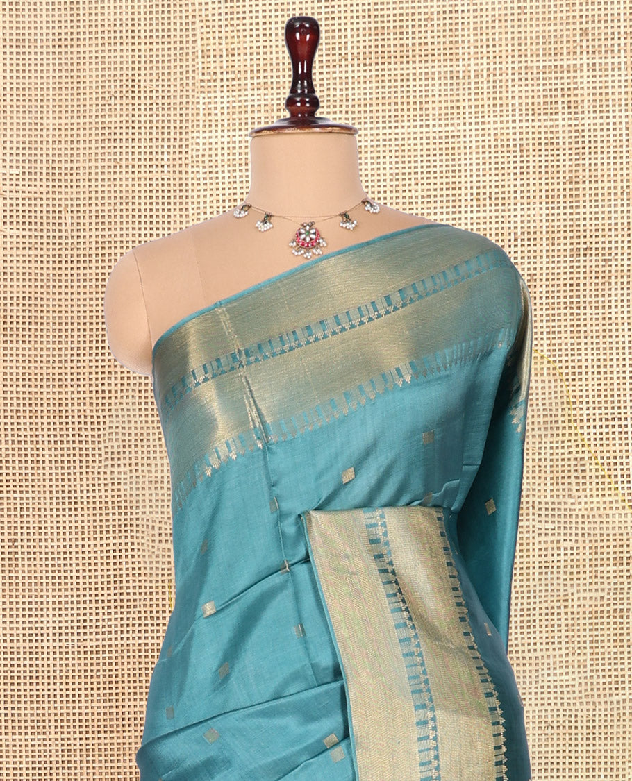 Blue Banana Pith Saree, Woven with Buttas, a Zari Temple Border, Striped Pallu, and Matching Blouse