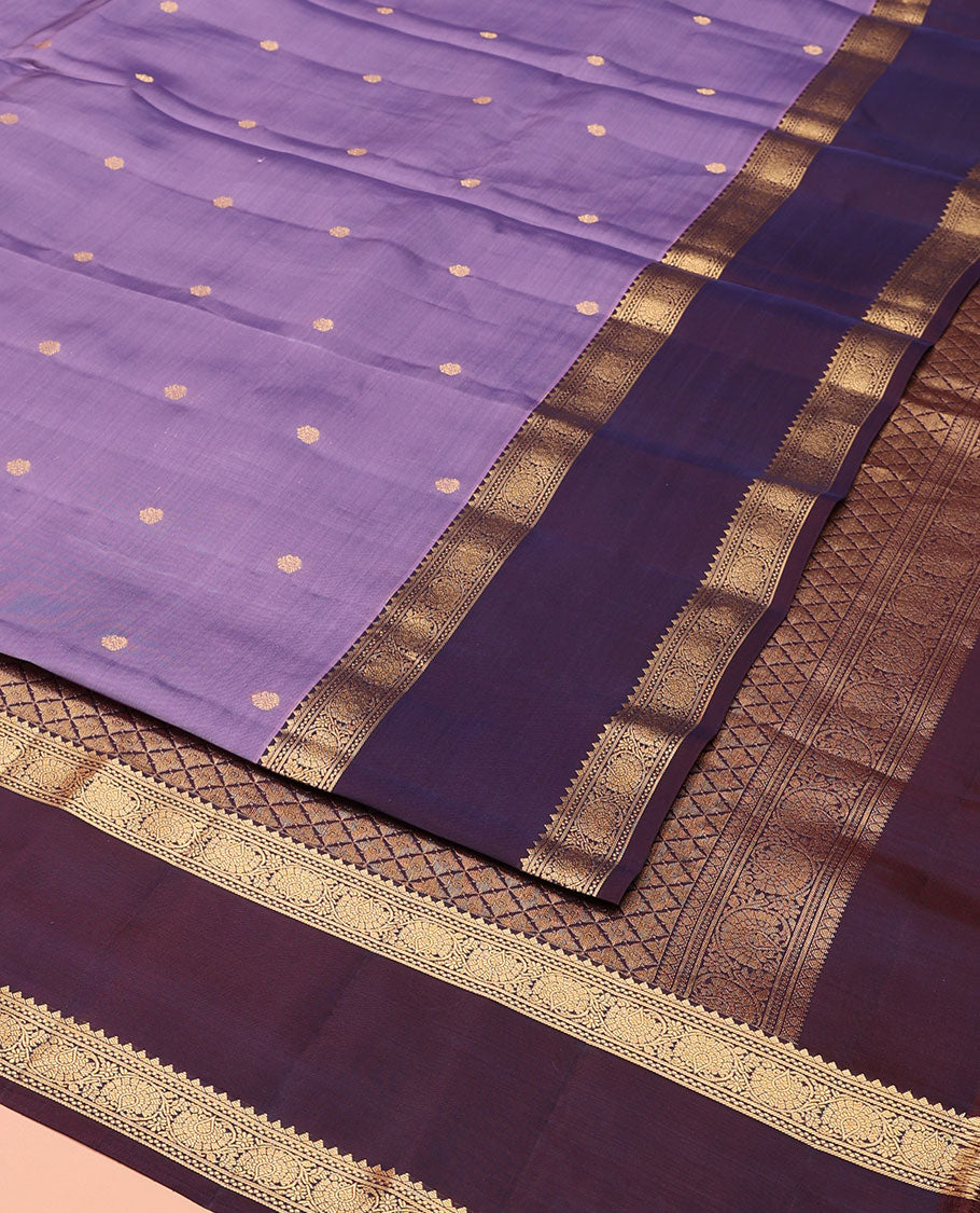 Lavender Vasundhara Lite-Silk Mix Saree, Embellished with Zari Buttas, Complemented by a Contrast Rettai Pettu Border of Kodi Visiry Designs, Grand Pallu of Jaal Design, and Paired with a Contrast Blouse