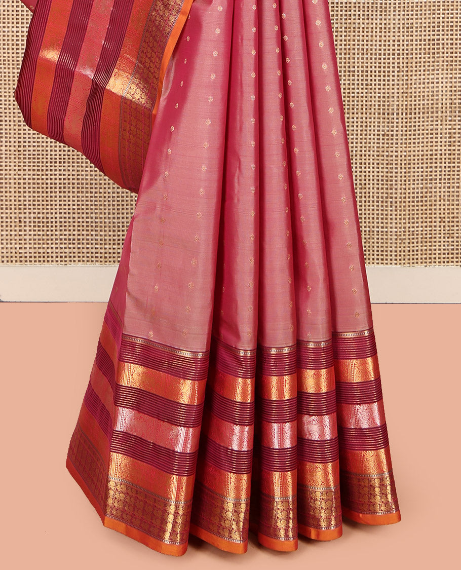 Pink Vasundhara Lite Silk Mix Saree, Beautified with Zari Buttas, Complemented by a Contrast Border of Muthu, Yaali, and Mayil Designs, Grand Pallu, and a Contrast Blouse
