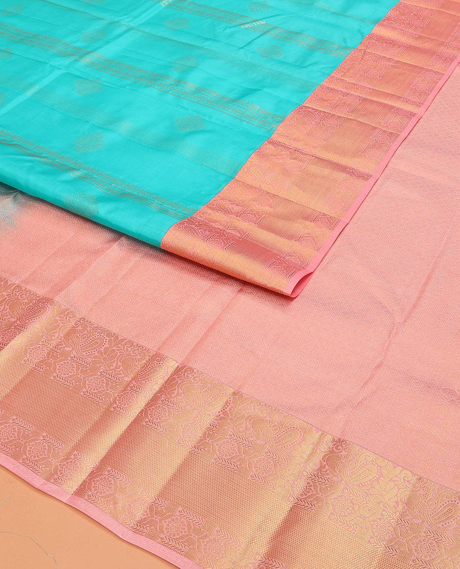 Blue Vasundhara Lite Silk Mix Saree, Adorned with Zari Designs on Its Body, Complemented by a Contrast Border of Mayil, Chakram, and Kuyil Kann Designs, Gleaming Jaal Pallu, and Paired with a Contrast Blouse