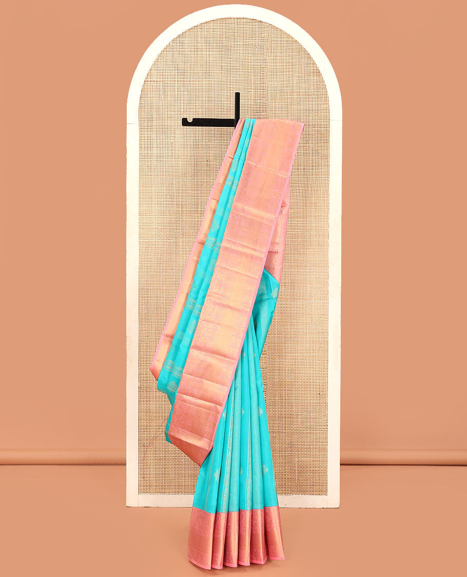 Blue Vasundhara Lite Silk Mix Saree, Adorned with Zari Designs on Its Body, Complemented by a Contrast Border of Mayil, Chakram, and Kuyil Kann Designs, Gleaming Jaal Pallu, and Paired with a Contrast Blouse