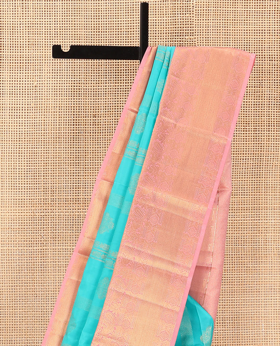 Blue Vasundhara Lite Silk Mix Saree, Adorned with Zari Designs on Its Body, Complemented by a Contrast Border of Mayil, Chakram, and Kuyil Kann Designs, Gleaming Jaal Pallu, and Paired with a Contrast Blouse