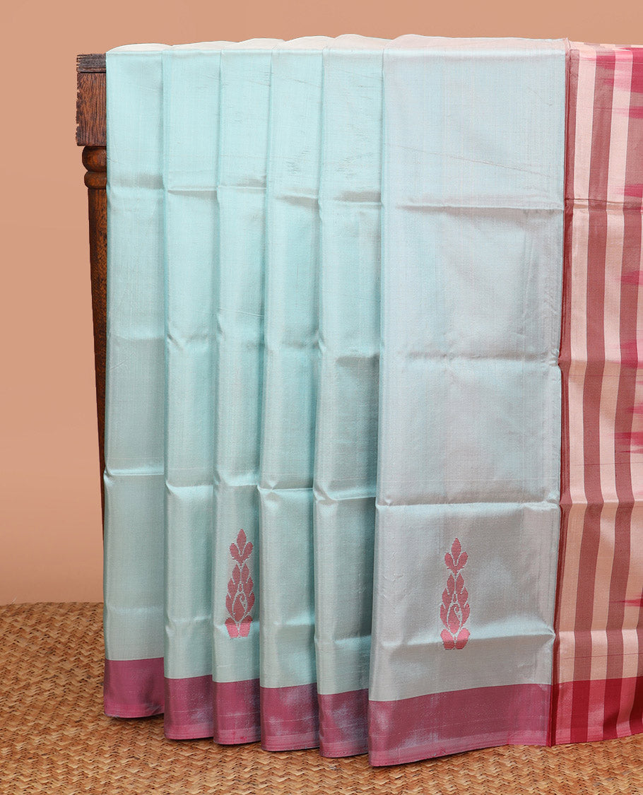 Blue Banana Pith Saree, Beautifully Bedecked with Unique Buttas All Over Its Body, Complemented by a Contrast Border, Vibrant Pallu Depicting Buttas, and Paired with a Contrast Blouse