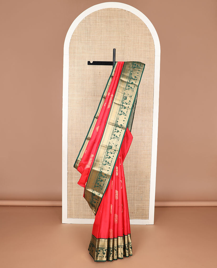 Red buttas silk saree with contrast wedding design border & floral design pallu