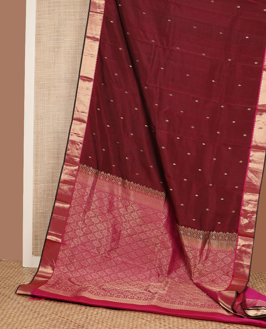 Maroon zari buttas silk saree, contrast rekku & vanki zari border & pallu of jaal designs