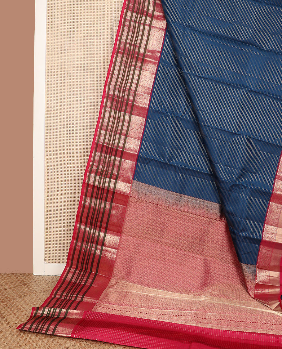 Blue zari buttas silk saree, contrast border steeped with traditional zari designs, and jaal pallu