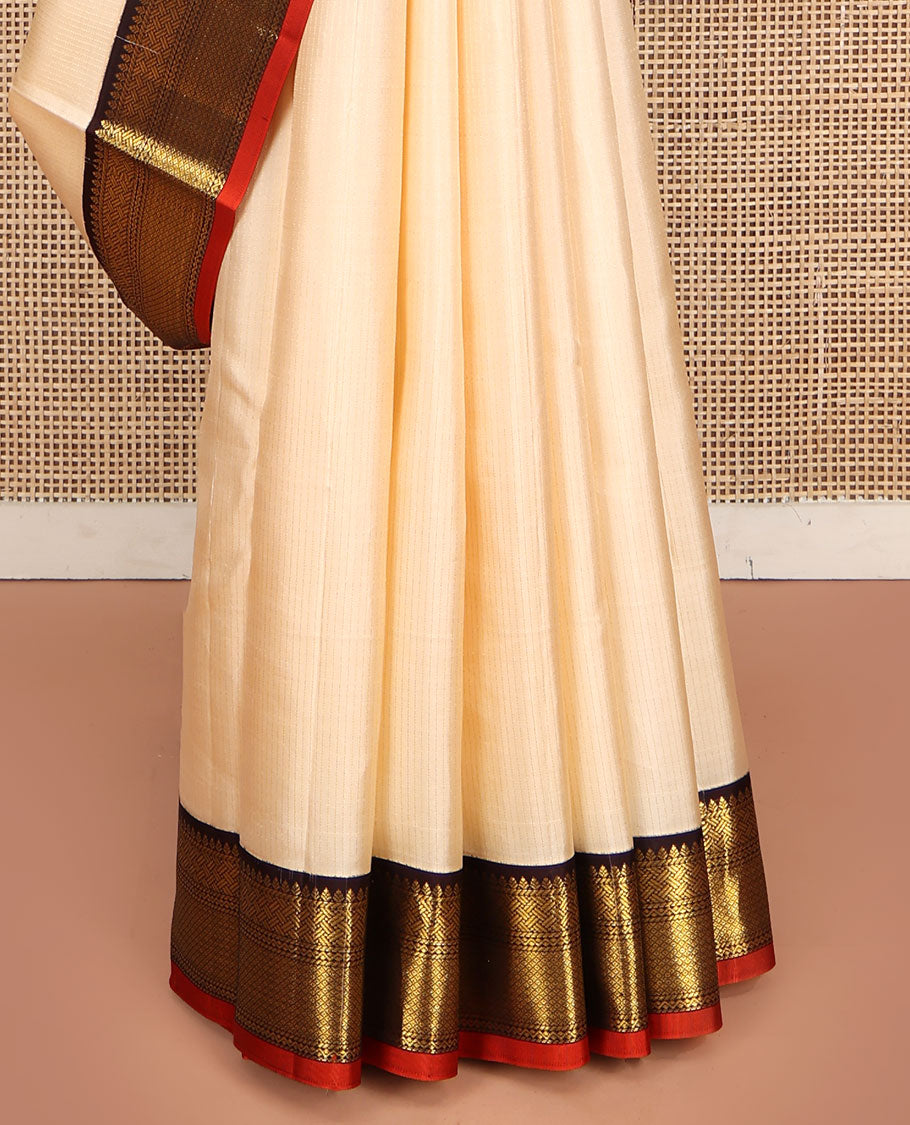 Cream Vasundhara Lite Silk Mix Saree, Sparsely Woven with Stripes on Its Body, Complemented by a Contrast Border of Thilakam, Pai Yaadi, Neli, and Mayil Kann Designs, Intricately Designed Pallu, and Paired with a Contrast Blouse