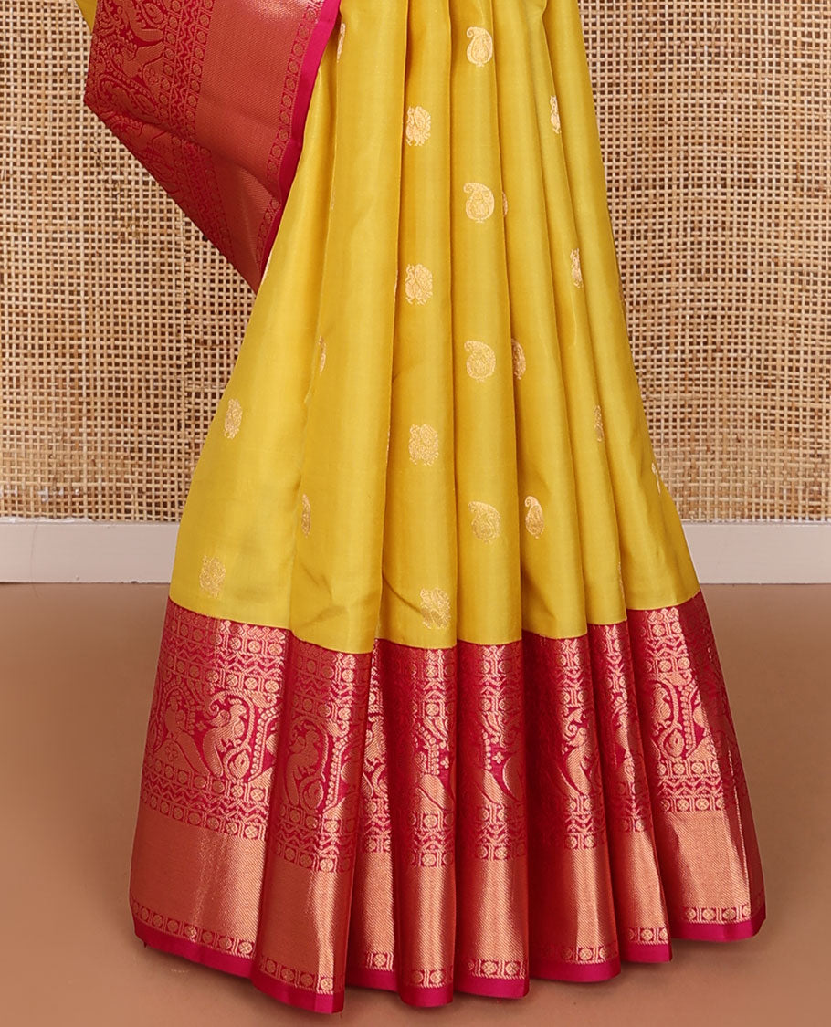 Yellow zari buttas silk saree, contrast border of rudraksham,rettai neli,mayil & kamalam design & jaal pallu