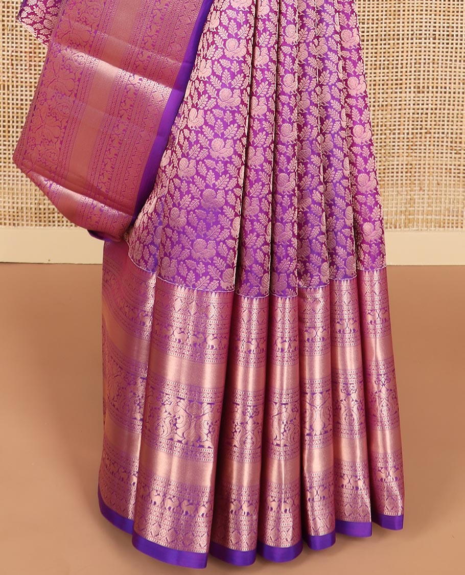 Purple floral jaal design kancheepuram silk saree with self border of thilakam mokku, muthu, banaras design & zari design pallu