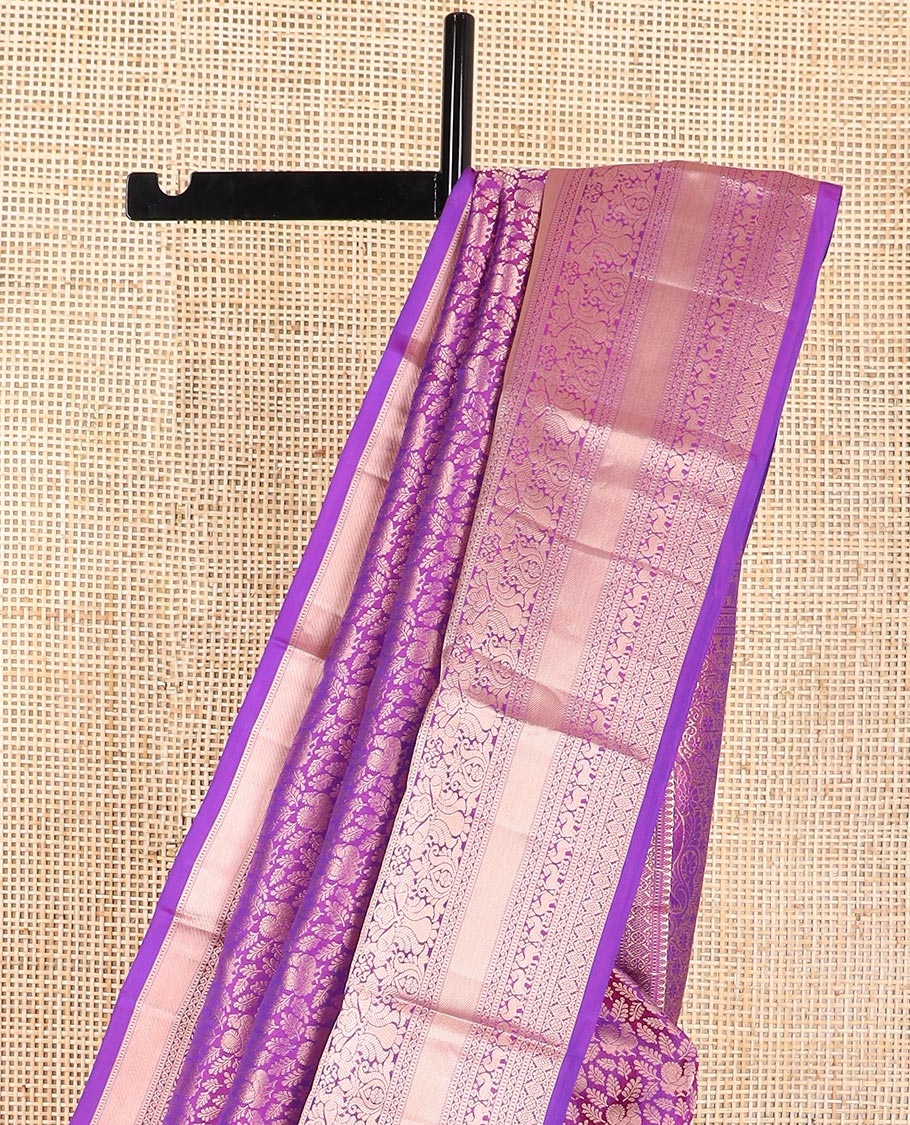 Purple floral jaal design kancheepuram silk saree with self border of thilakam mokku, muthu, banaras design & zari design pallu