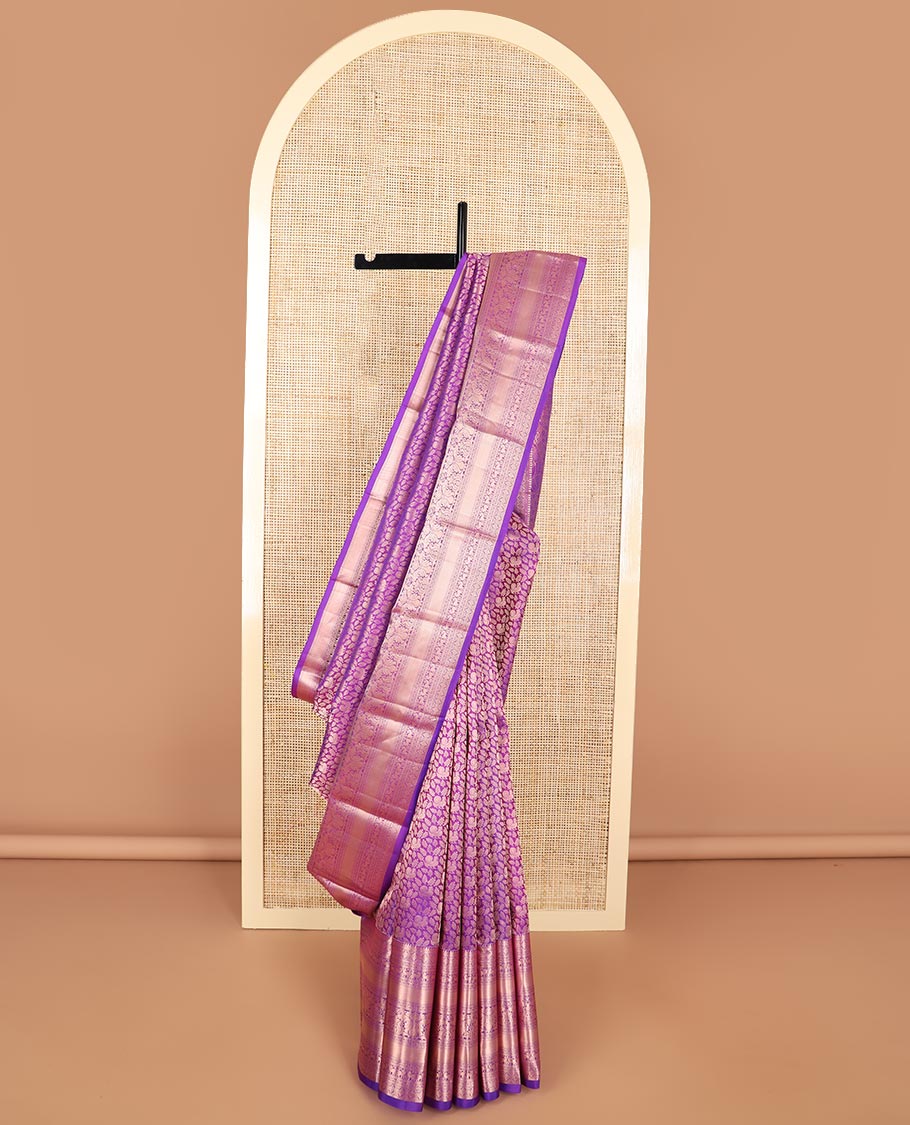 Purple floral jaal design kancheepuram silk saree with self border of thilakam mokku, muthu, banaras design & zari design pallu