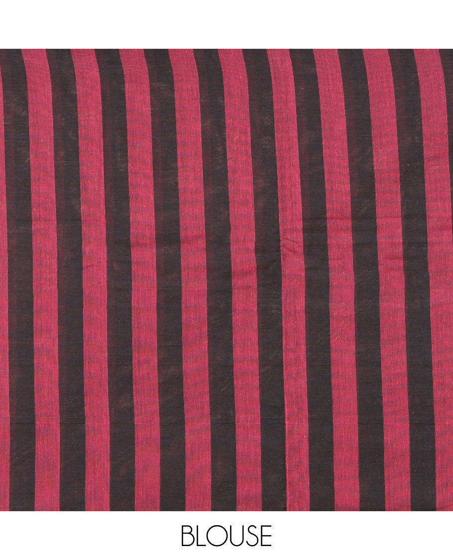 Borderless Red and Black Kanchi Cotton Saree, Accentuated with Stripes and Triangle Buttas on Its Body, Self-Pallu of Chevron Designs, and Paired with a Matching Blouse