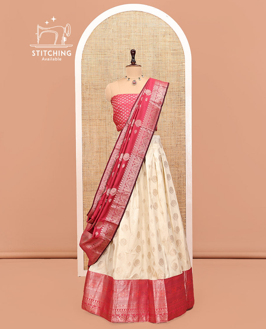 Cream-Pink Art Silk Half Saree, Embellished with Zari Buttas Skirt, Contrast Traditional Border, Jacquard Blouse, and a Contrast Banaras Dhavani