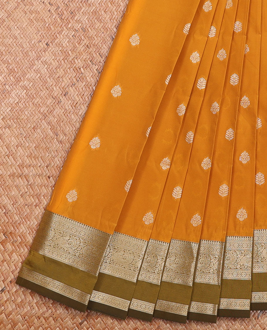 Yellow Budget Silk Saree Spotlighted with Zari Buttas, Featuring a Contrast Traditional Zari-Design Rettai Pettu Border, Zari Elevated Contrast Jaal Pallu, and a Contrast Blouse