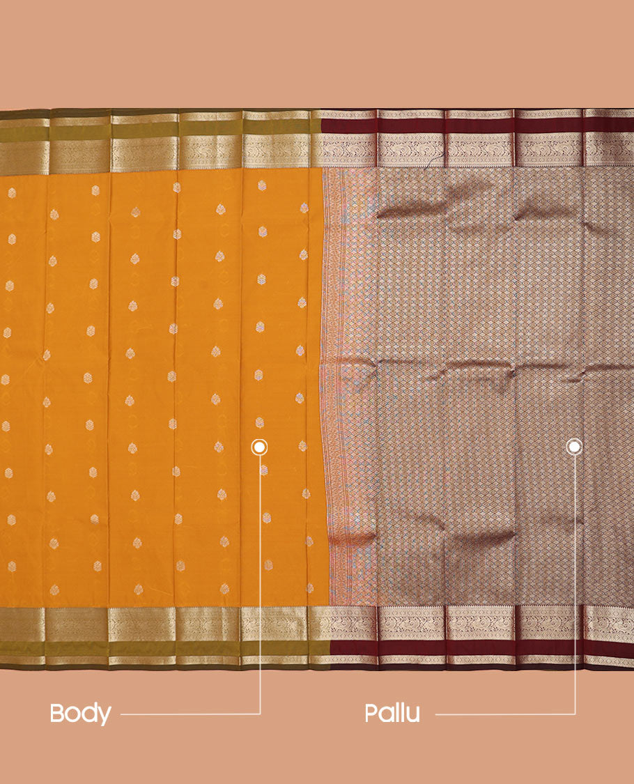 Yellow Budget Silk Saree Spotlighted with Zari Buttas, Featuring a Contrast Traditional Zari-Design Rettai Pettu Border, Zari Elevated Contrast Jaal Pallu, and a Contrast Blouse