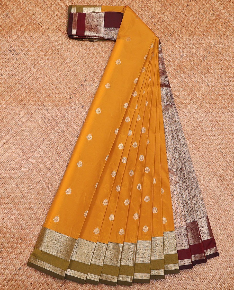 Yellow Budget Silk Saree Spotlighted with Zari Buttas, Featuring a Contrast Traditional Zari-Design Rettai Pettu Border, Zari Elevated Contrast Jaal Pallu, and a Contrast Blouse