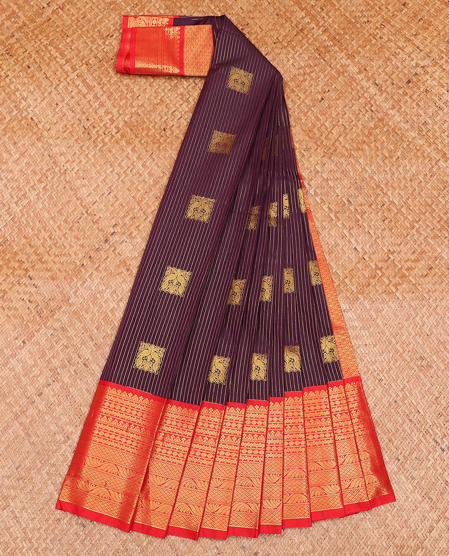 Maroon Budget Silk Saree Adorned with Square-Shaped Zari Buttas and Stripes, Complemented by a Contrast Traditional Zari Design Woven Big Border, Pallu Steeped with Zari Designs, and Paired with a Contrast Blouse