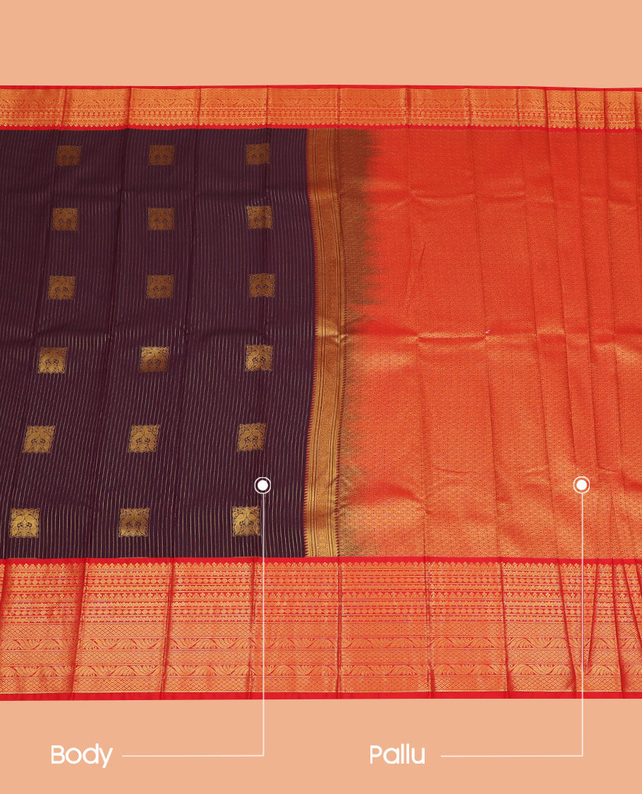 Maroon Budget Silk Saree Adorned with Square-Shaped Zari Buttas and Stripes, Complemented by a Contrast Traditional Zari Design Woven Big Border, Pallu Steeped with Zari Designs, and Paired with a Contrast Blouse