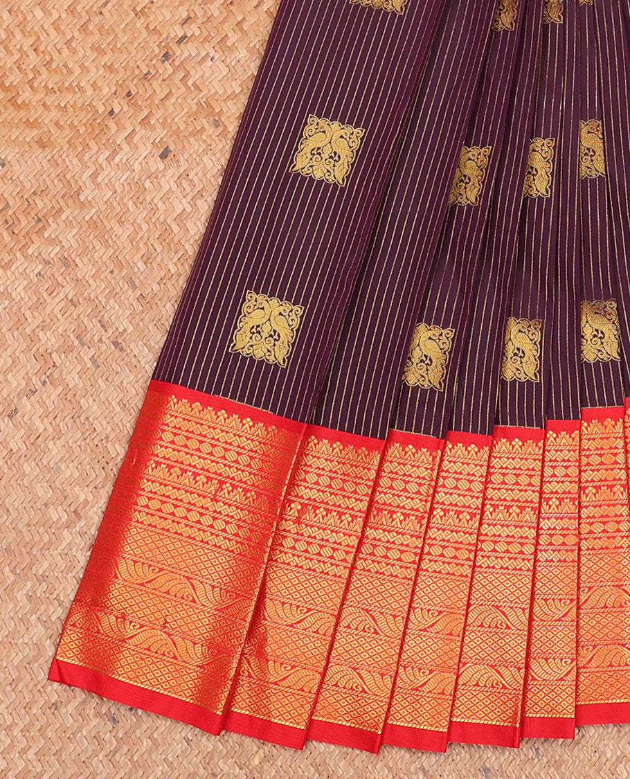 Maroon Budget Silk Saree Adorned with Square-Shaped Zari Buttas and Stripes, Complemented by a Contrast Traditional Zari Design Woven Big Border, Pallu Steeped with Zari Designs, and Paired with a Contrast Blouse