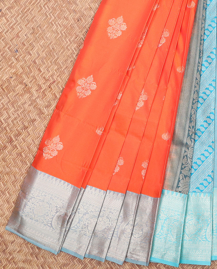 Orange Budget Silk Saree, Prettified with Floral Buttas All Over Its Body, Complemented by a Contrast Traditional Zari Design Border, Pallu Features Greek Key and Paisley Designs, and Paired with a Contrast Blouse