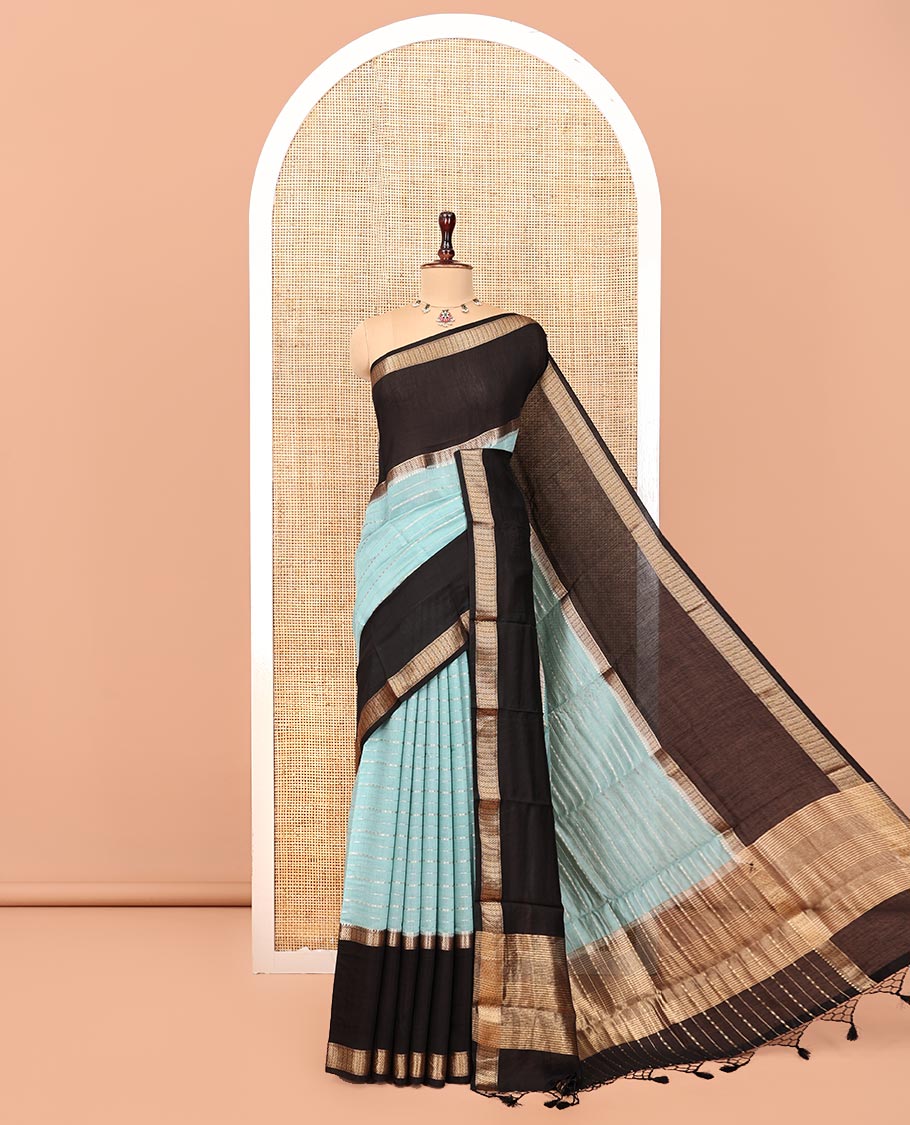 Blue Assam Silk Saree, Delicately Woven with Stripes, Complemented by a Contrast Traditional Border, Zari-Striped Pallu, and a Contrast Blouse