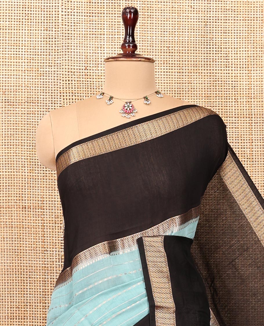 Blue Assam Silk Saree, Delicately Woven with Stripes, Complemented by a Contrast Traditional Border, Zari-Striped Pallu, and a Contrast Blouse
