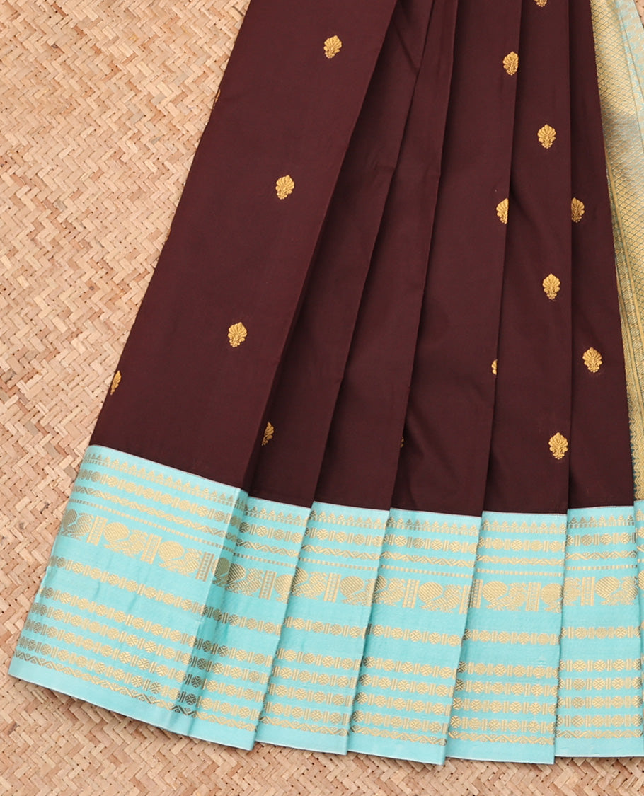 Brown Budget Silk Saree, Ornamented With Zari Buttas All Over Its Body, Complemented by Contrast Traditional Zari Designs Woven Border, Grand Jaal Pallu and Paired with a Contrast Blouse
