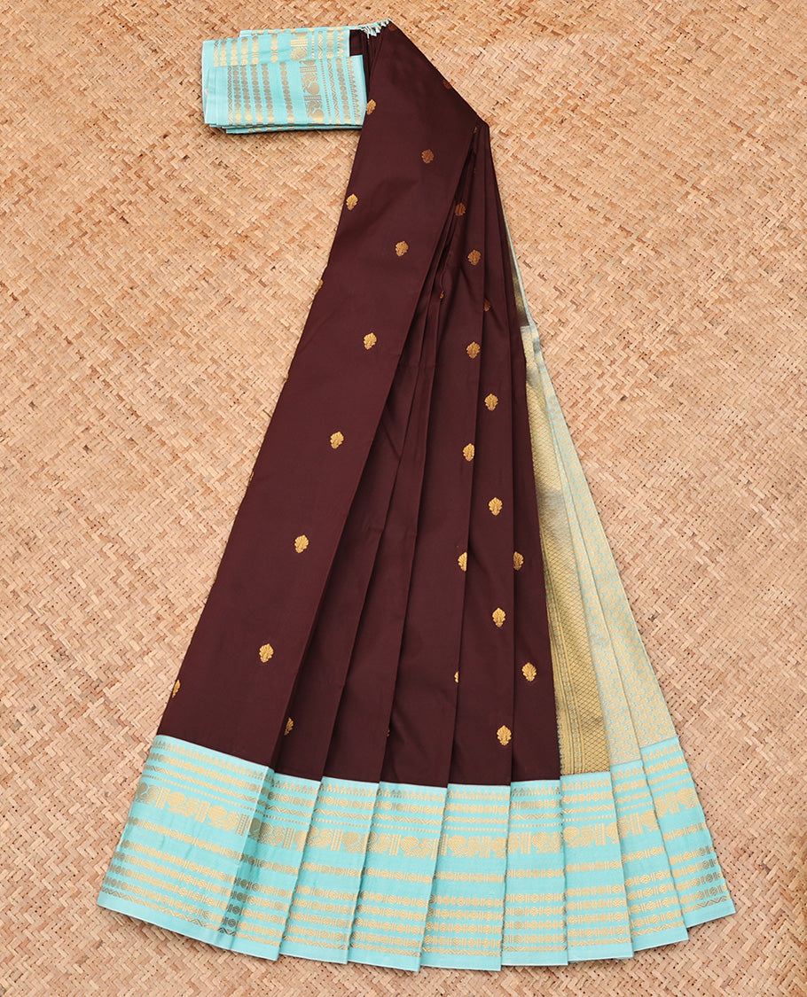Brown Budget Silk Saree, Ornamented With Zari Buttas All Over Its Body, Complemented by Contrast Traditional Zari Designs Woven Border, Grand Jaal Pallu and Paired with a Contrast Blouse