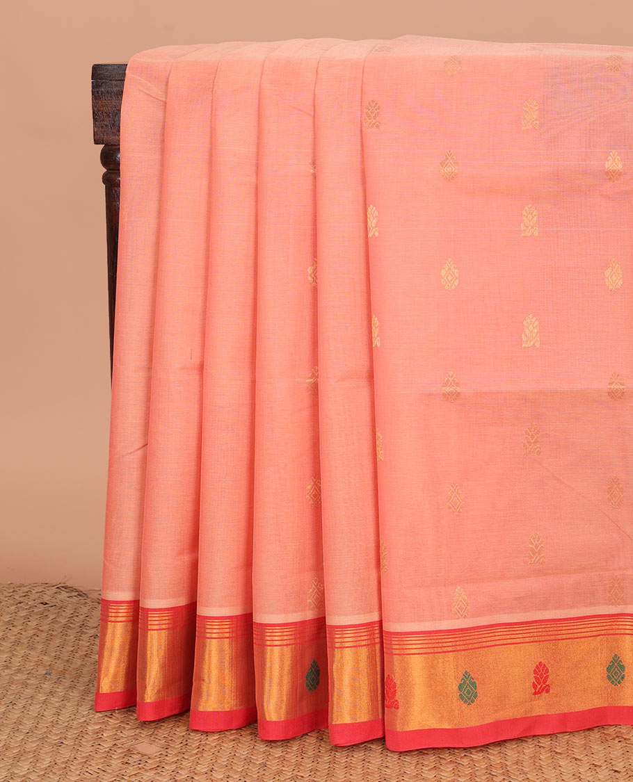 Peach zari buttas Venkatagiri cotton saree, contrast zari and thread border, and zari striped pallu
