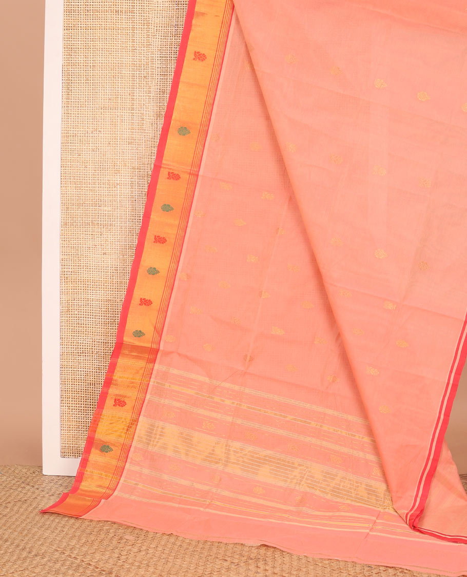 Peach zari buttas Venkatagiri cotton saree, contrast zari and thread border, and zari striped pallu