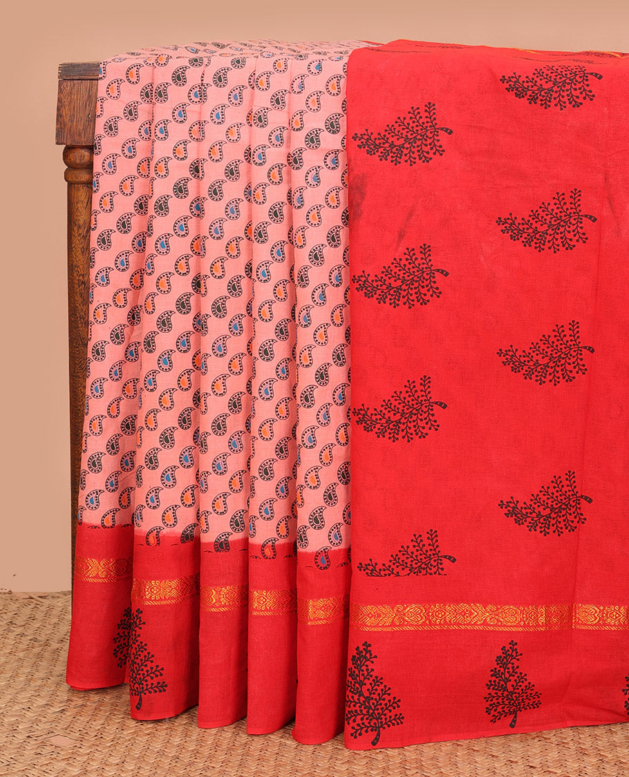 Pink Sungudi Cotton Saree Adorned with Paisley Buttas Printed All Over Its Body, Highlighted by Contrast Zari and Printed Border, and Pallu Printed with Tree Motifs