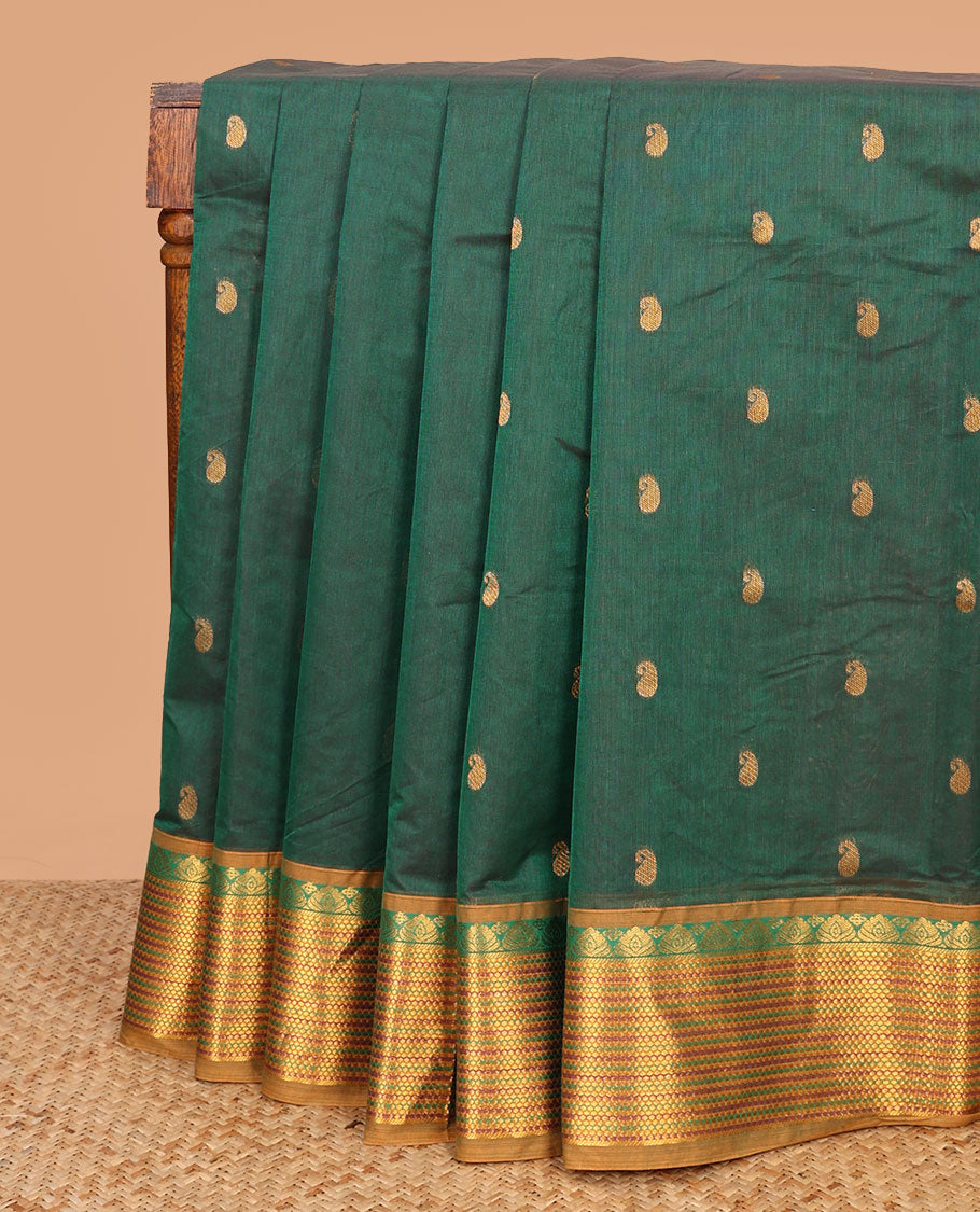 Green paisley buttas Venkatagiri cotton saree, contrast traditional zari design border, and zari striped pallu