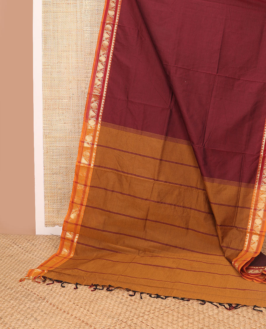 Maroon poly cotton saree with contrast temple design border & striped pallu