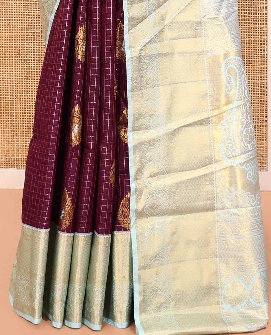 Purple Budget Silk Saree, Mesmerized with Zari Butta and Checks, Contrast Paisley Zari Border, Grand Pallu, and a Contrast Blouse