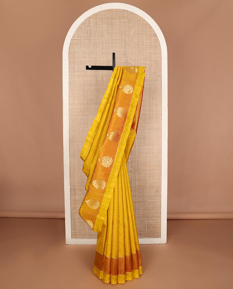 Yellow checked design, and zari buttas Kanchipuram silk saree, contrast zari butta border, and floral dsign pallu