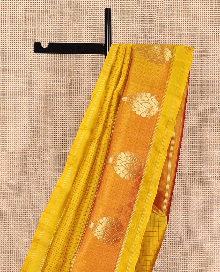 Yellow checked design, and zari buttas Kanchipuram silk saree, contrast zari butta border, and floral dsign pallu